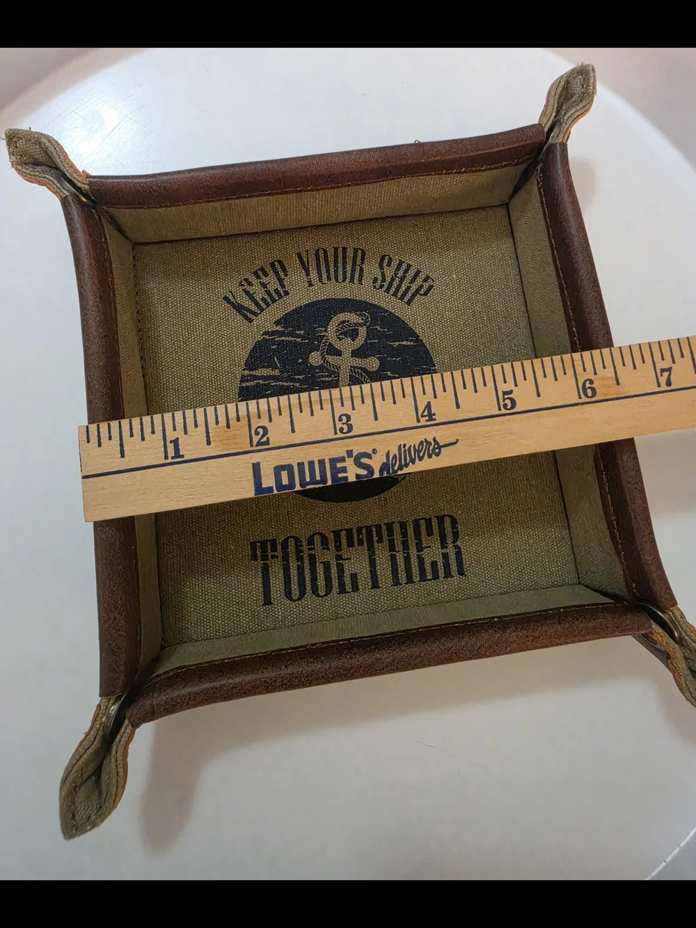 Mona B Nautical Anchor Canvas Catchall Tray in Rustic Brown Leather Trim Decor